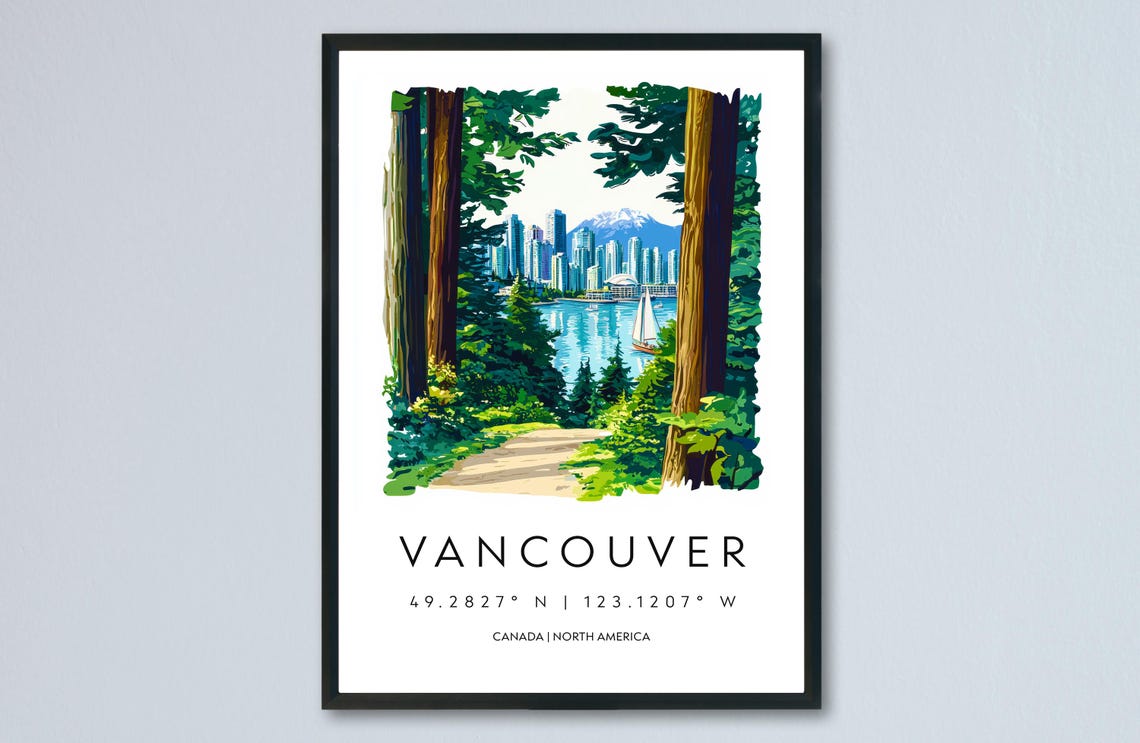 Vancouver Watercolor Forest Skyline Harbor View Travel Poster