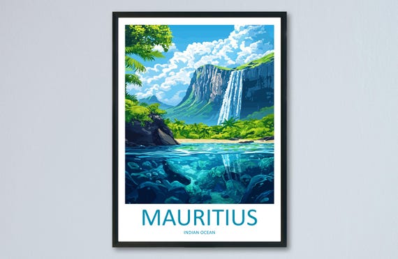 Mauritius Travel Poster Ocean Wall Art Island View Print Coastal Scene Illustration Tropical Decor Gift Souvenir