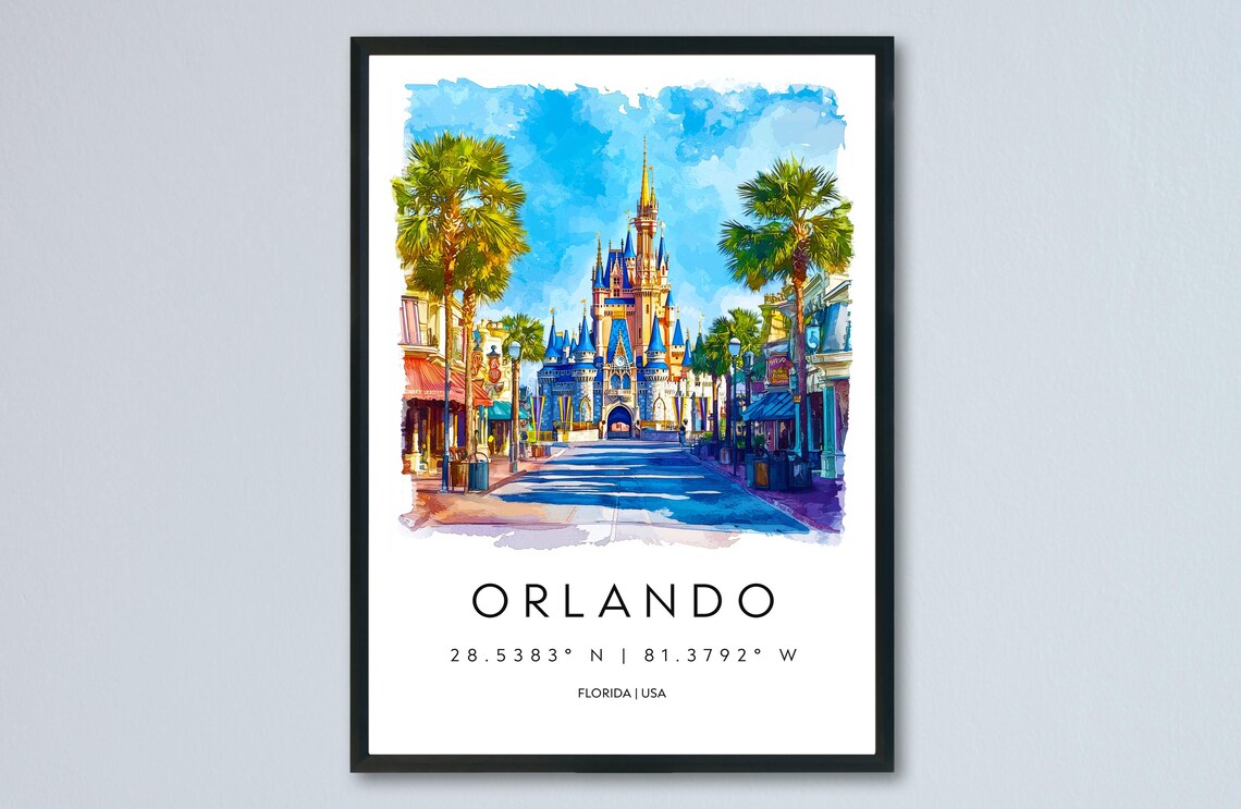 Orlando Watercolor Travel Poster Florida Castle Street Palm Trees Art