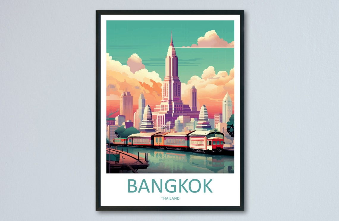 Bangkok Thailand Retro Skyline Travel Poster Train River View