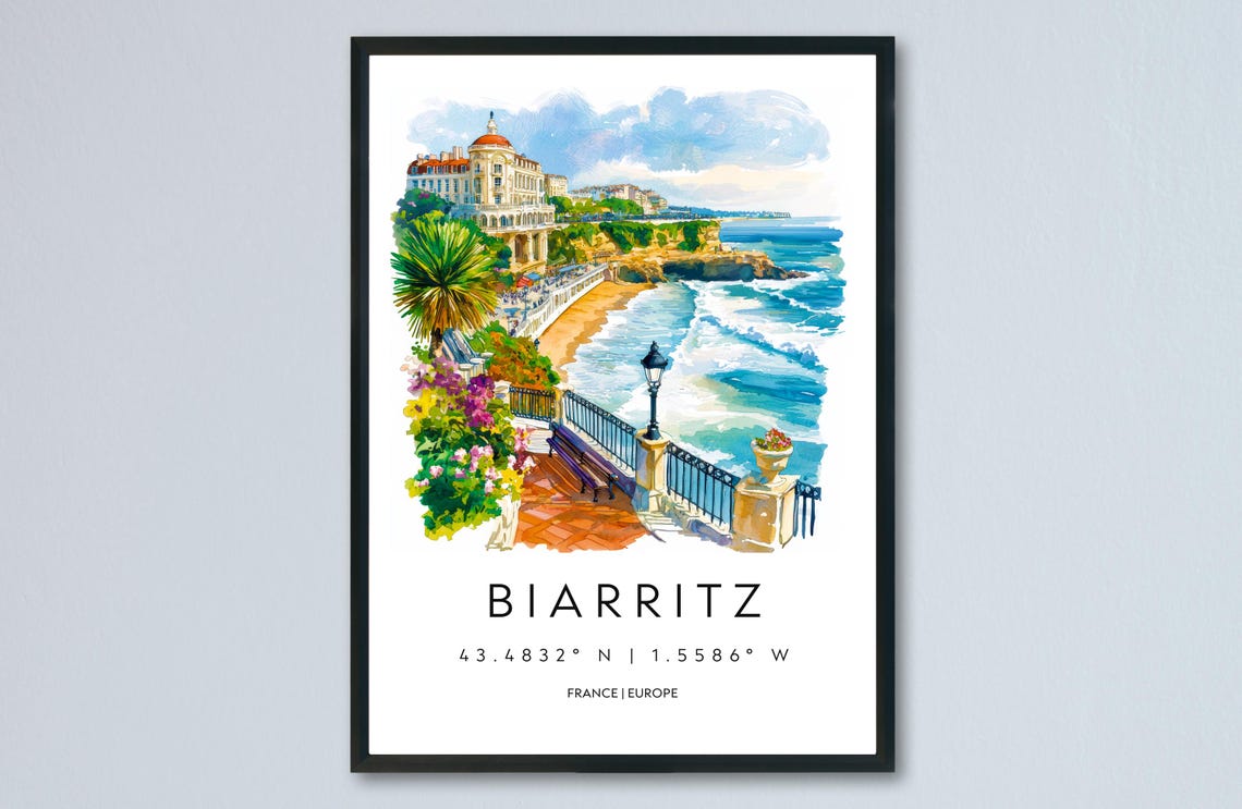 Biarritz Watercolor Travel Poster, French Beach Scene