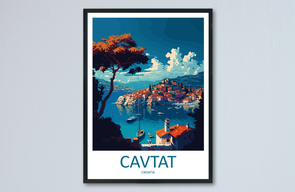 Cavtat Croatia Adriatic Harbor Old Town Illustrated Travel Poster