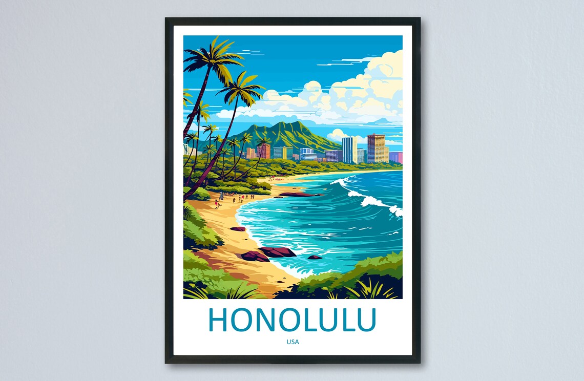Honolulu Hawaii Waikiki Beach Palm Trees and Diamond Head Poster