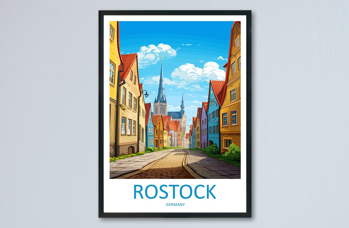 Rostock Germany Colorful Old Town Street Church Tower Poster