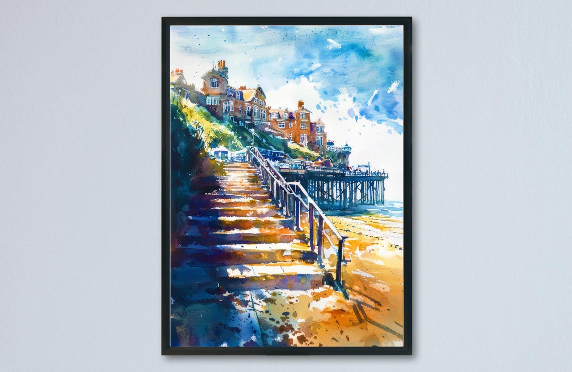 Cromer Pier Beach Steps Watercolor Norfolk Seaside Cliffs Poster