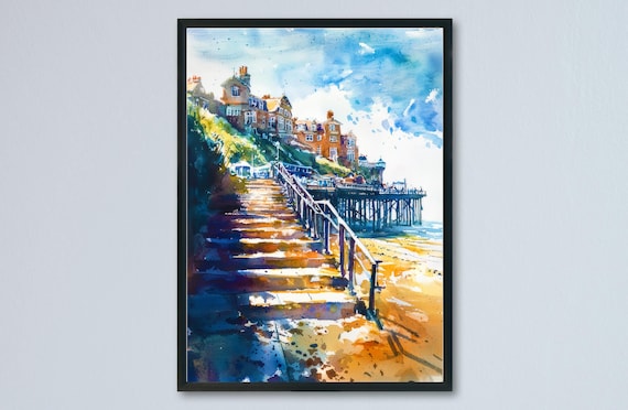 Cromer Pier Beach Steps Watercolor Norfolk Seaside Cliffs Poster