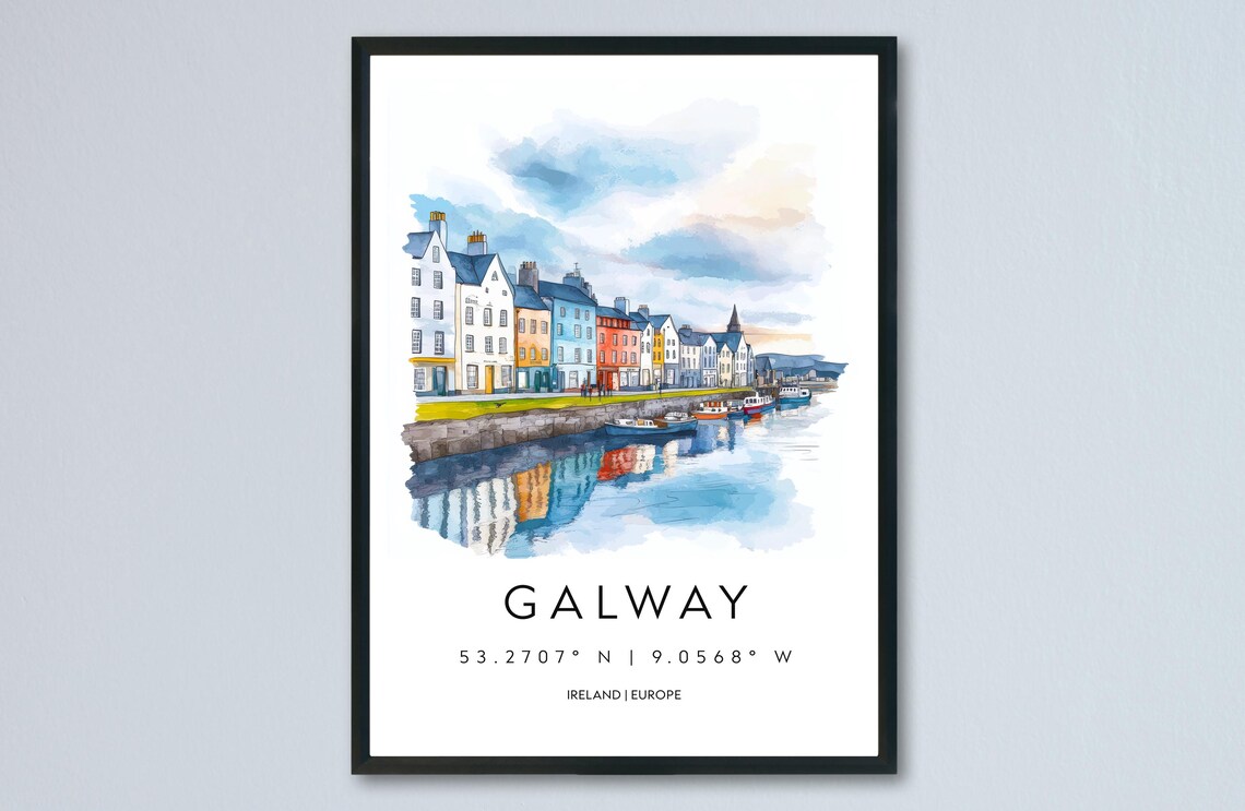 Galway Colorful Harbor Houses Ireland Watercolor Travel Poster