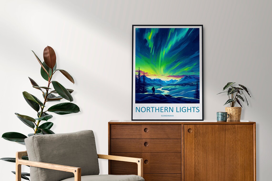 Northern Lights Scandinavia Aurora Snowy Peaks Night Travel Poster - Image 2