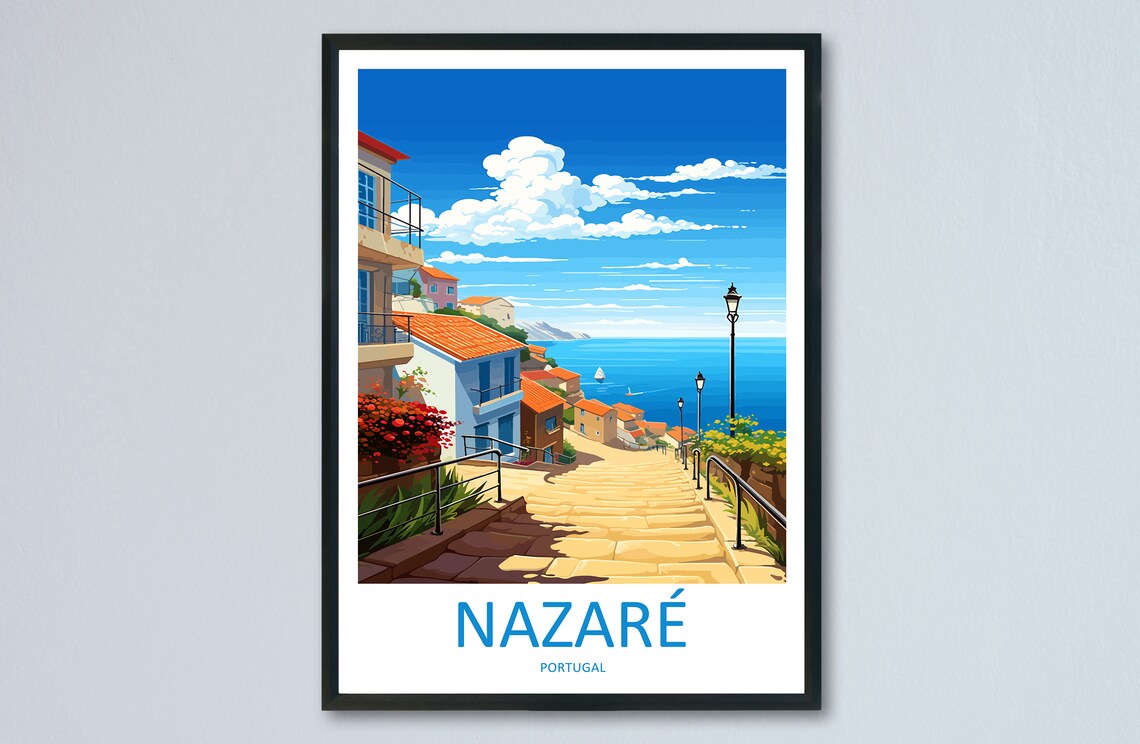 Nazaré Portugal Stone Steps Down to the Sea Vintage Travel Poster