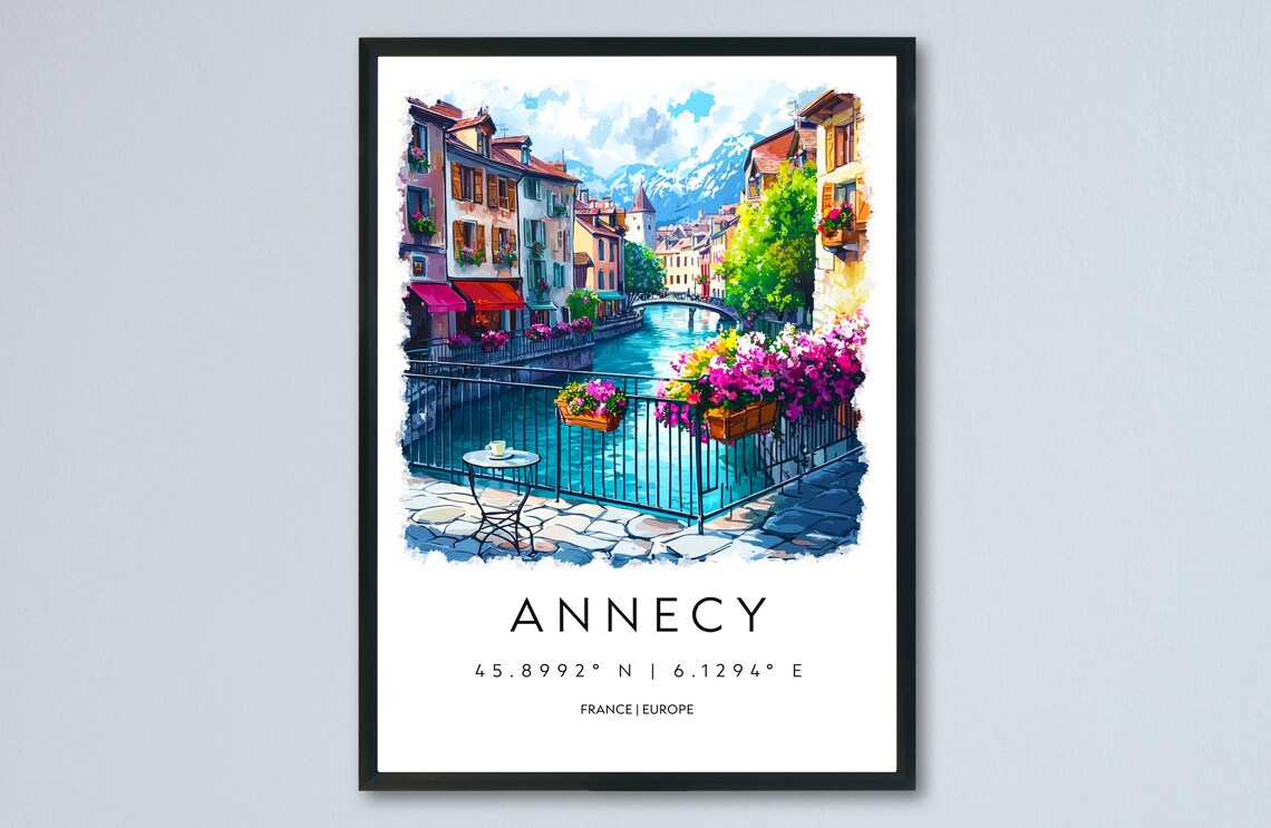 Annecy France Old Town Canal Flowers Watercolor Travel Poster