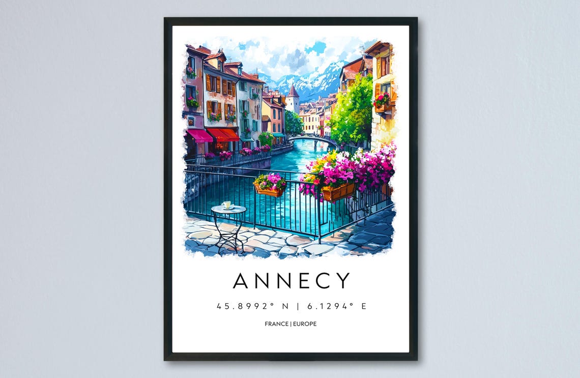 Annecy Watercolor Poster Travel Print France Wall Art Decor Lake Scene French Alps View Canal City Landscape