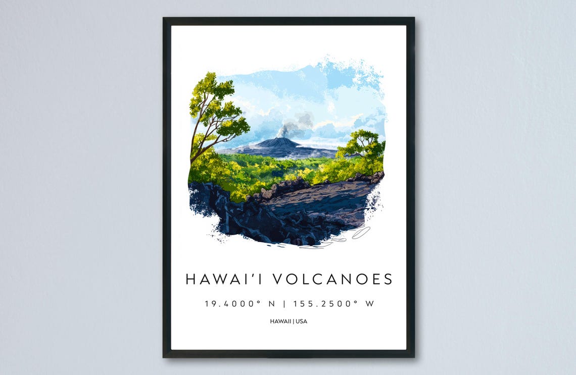 Hawaii Volcanoes Lava Field View Scenic Watercolor Travel Poster
