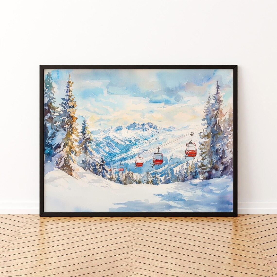 La Plagne Watercolor Ski Resort Red Gondolas Snowy Alps France Print