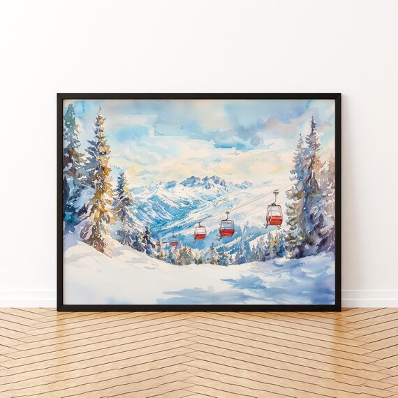 La Plagne Watercolor Ski Resort Red Gondolas Snowy Alps France Print