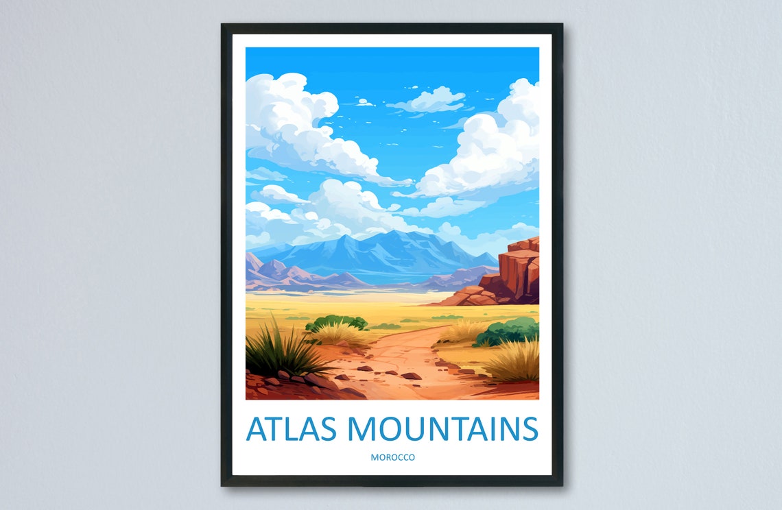 Atlas Mountains Morocco Desert Trail Peaks Vintage Travel Poster