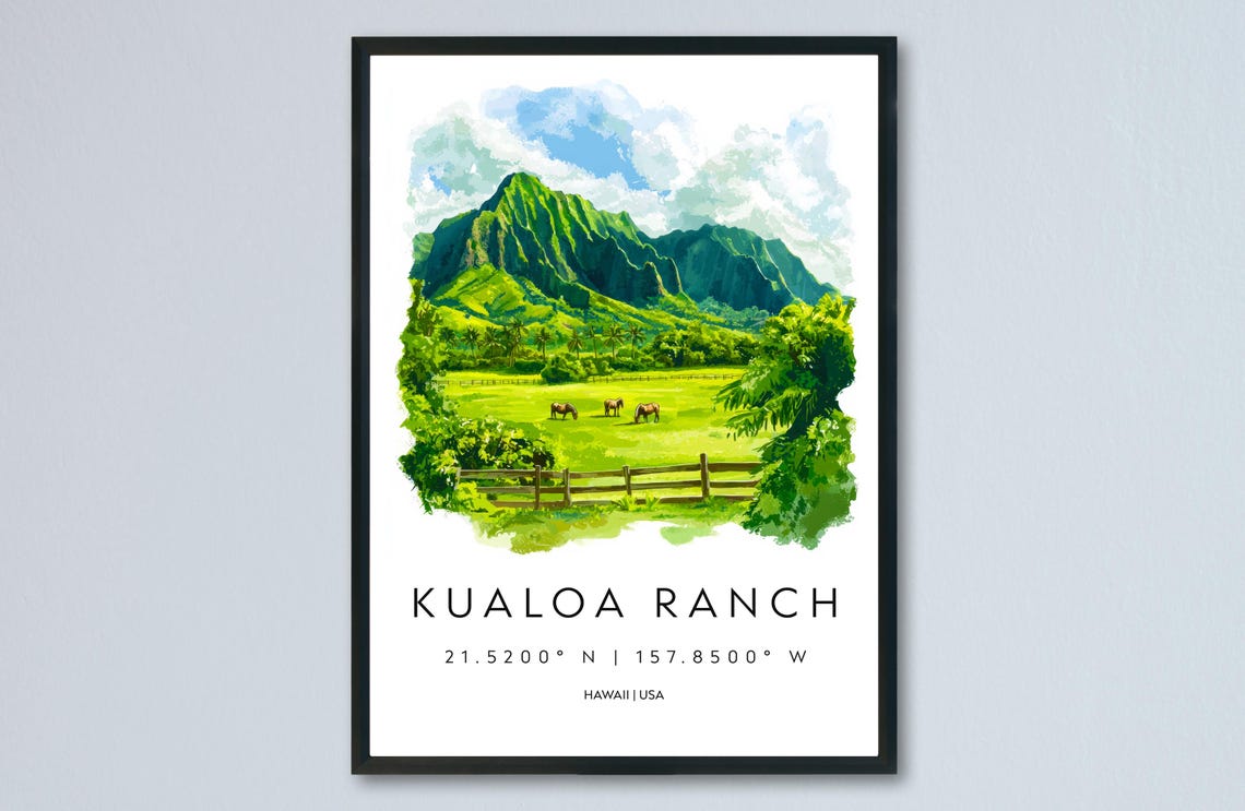 Kualoa Ranch Hawaii Grazing Horses Pasture Watercolor Travel Poster