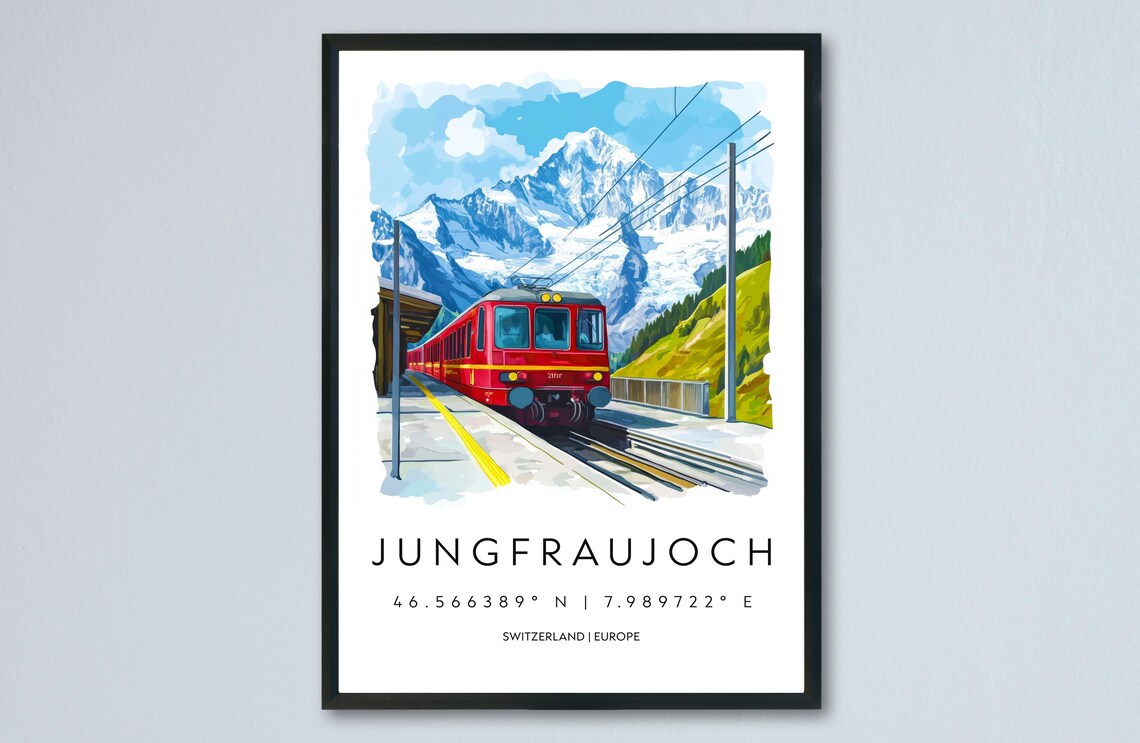Jungfraujoch Red Train Watercolor Switzerland Alpine Peak Poster