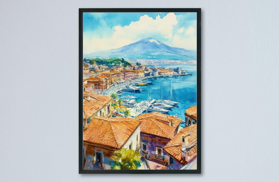 Catania Sicily Harbor City with Mount Etna Volcano View Poster
