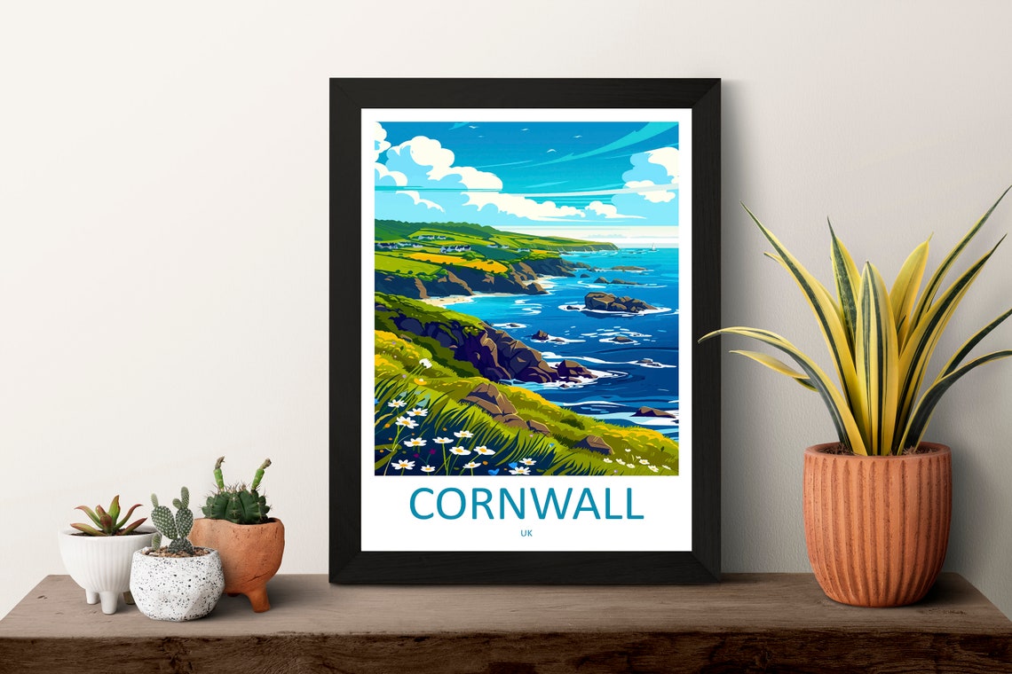 Cornwall UK Dramatic Coastal Cliffs Wildflower Meadow Travel Poster - Image 3