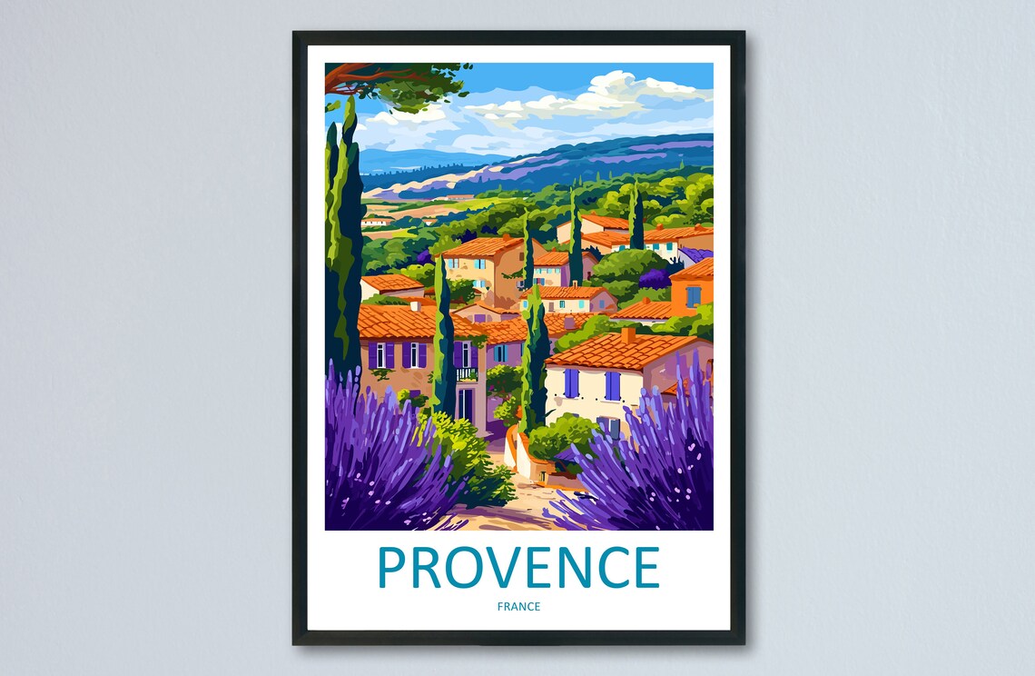 Provence France Lavender Fields Village Sunset Travel Poster