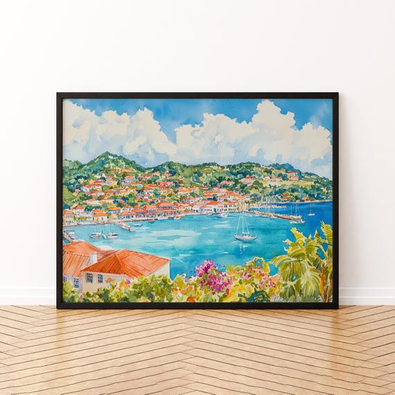 Grenada Watercolor Travel Poster, Island Landscape