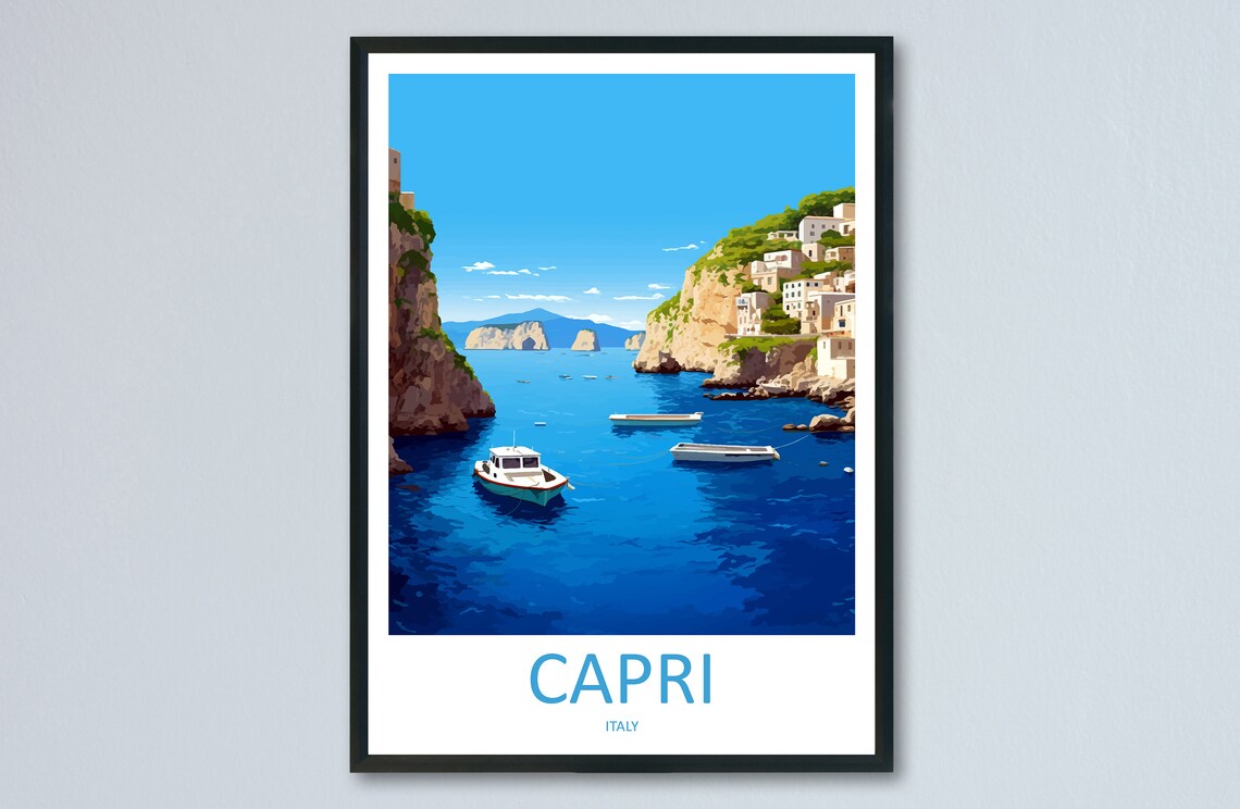 Capri Italy Blue Grotto Coast Boats Amalfi Style Travel Poster