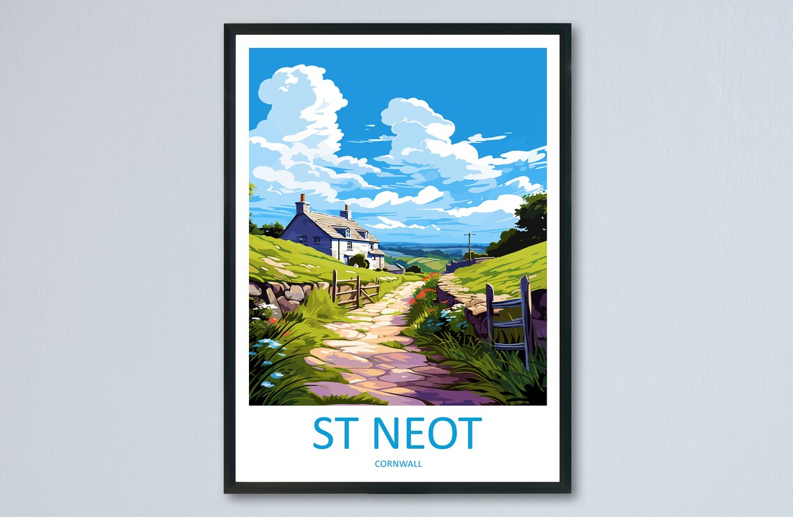 St Neot Cornwall Stone Cottage Path Travel Poster Garden Scene Art