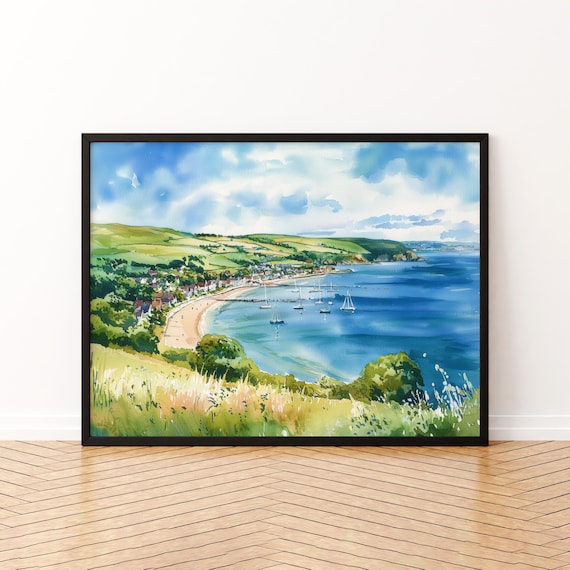 Swanage England Coastal Bay Sailboats Watercolor Dorset Town Poster