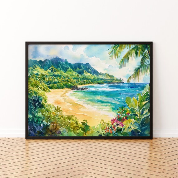 Tropical Beach Palm Trees Turquoise Ocean Island Paradise Watercolor Poster