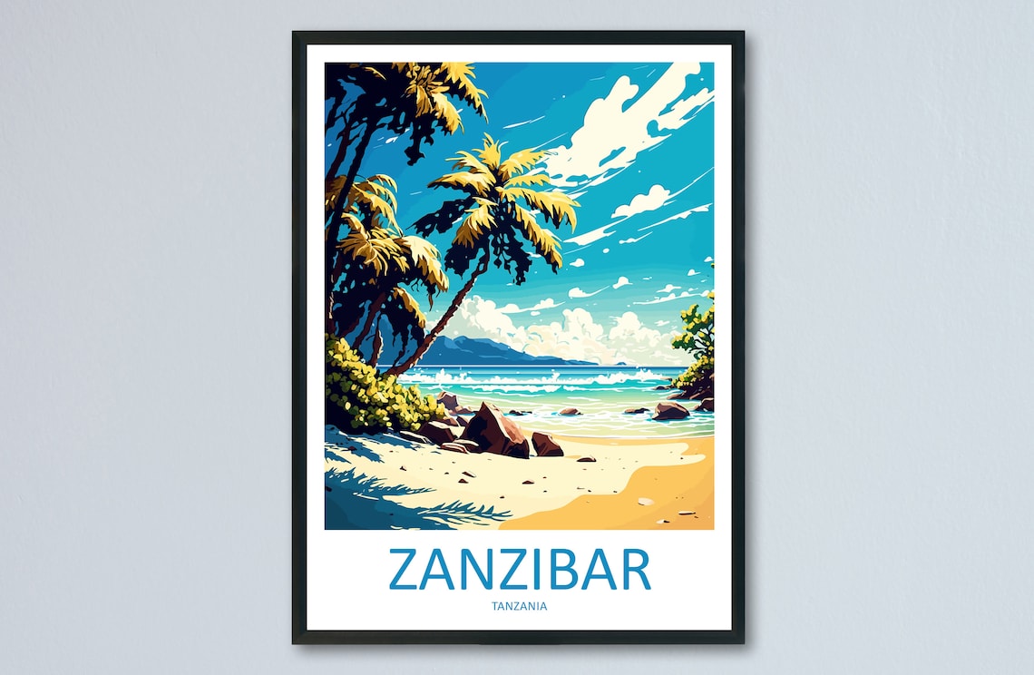 Zanzibar Retro Tanzania Palm Beach Rocky Shore Travel Poster