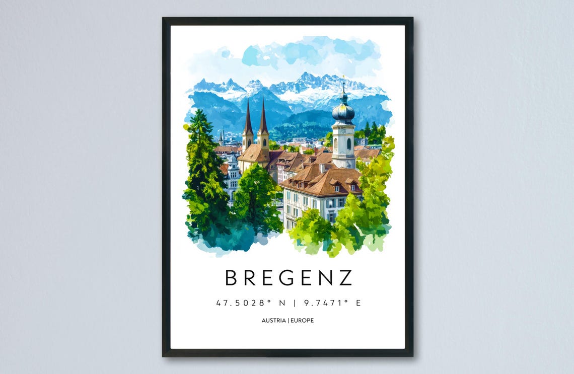 Bregenz Austria Old Town Churches Mountains Watercolor Travel Poster