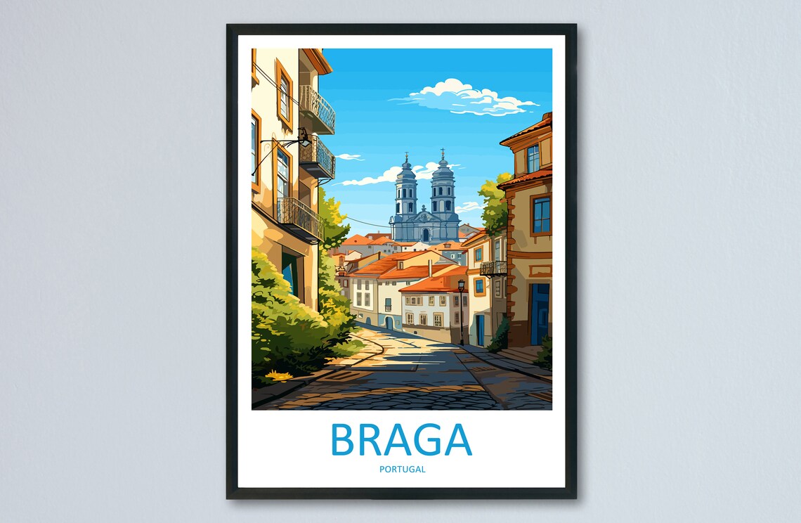 Braga Portugal Cobblestone Old Street Twin Tower Church Travel Poster