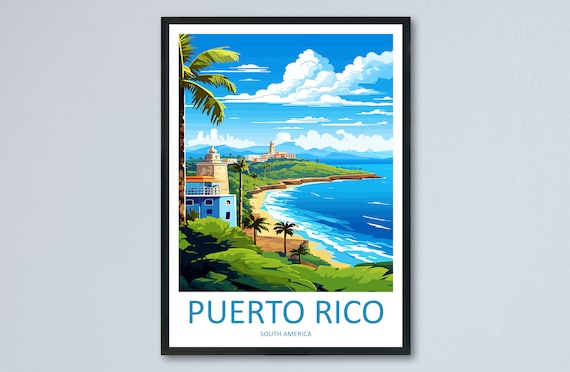 Puerto Rico Tropical Coast Fortress Skyline Harbor Travel Poster