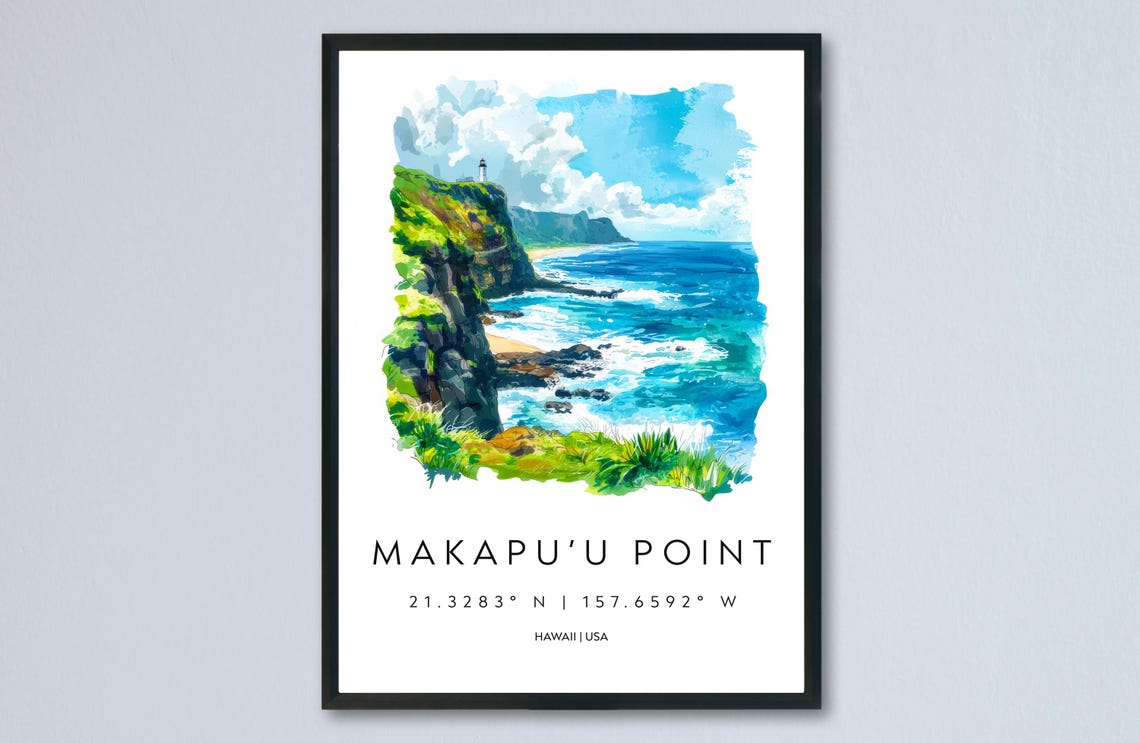 Makapuu Point Hawaii Lighthouse Cliffs Watercolor Travel Poster