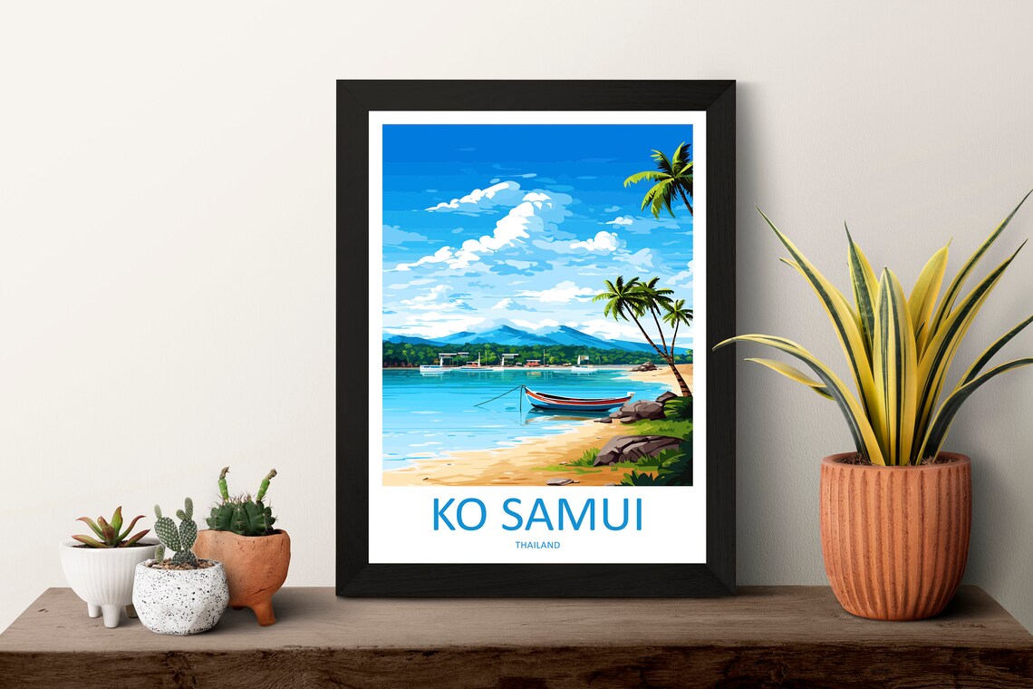 Ko Samui Thailand Tropical Beach Fishing Boat Blue Bay Travel Poster - Image 3
