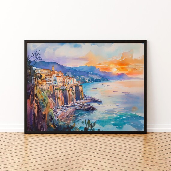 Sorrento Italy Sunset Watercolor Amalfi Coast Cliffs Sea View Art Poster