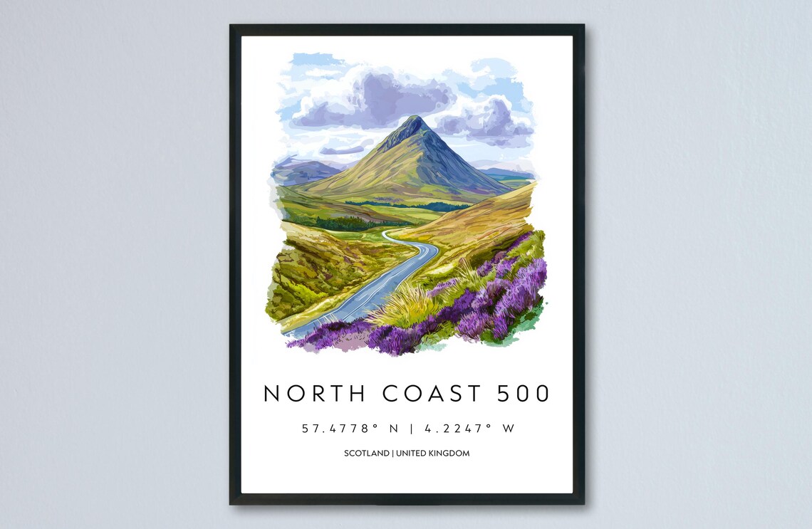 North Coast 500 Highland Road Heather Mountain Watercolor Poster