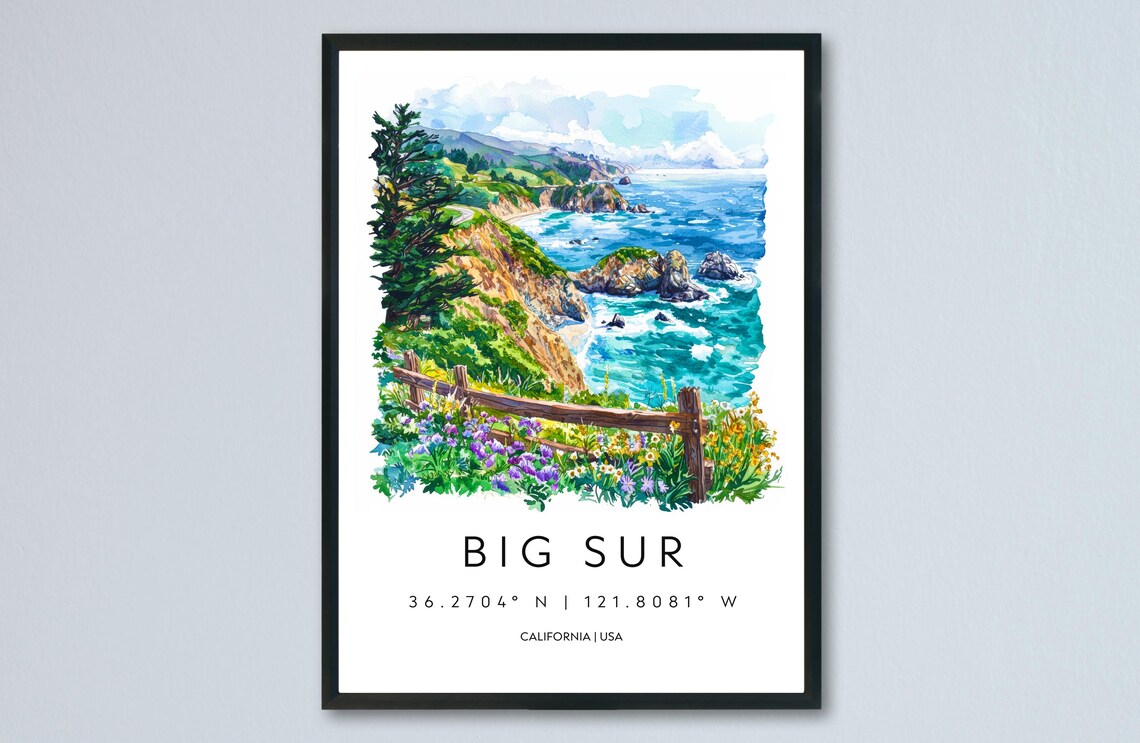 Big Sur California Coastline Watercolor Travel Poster Ocean View