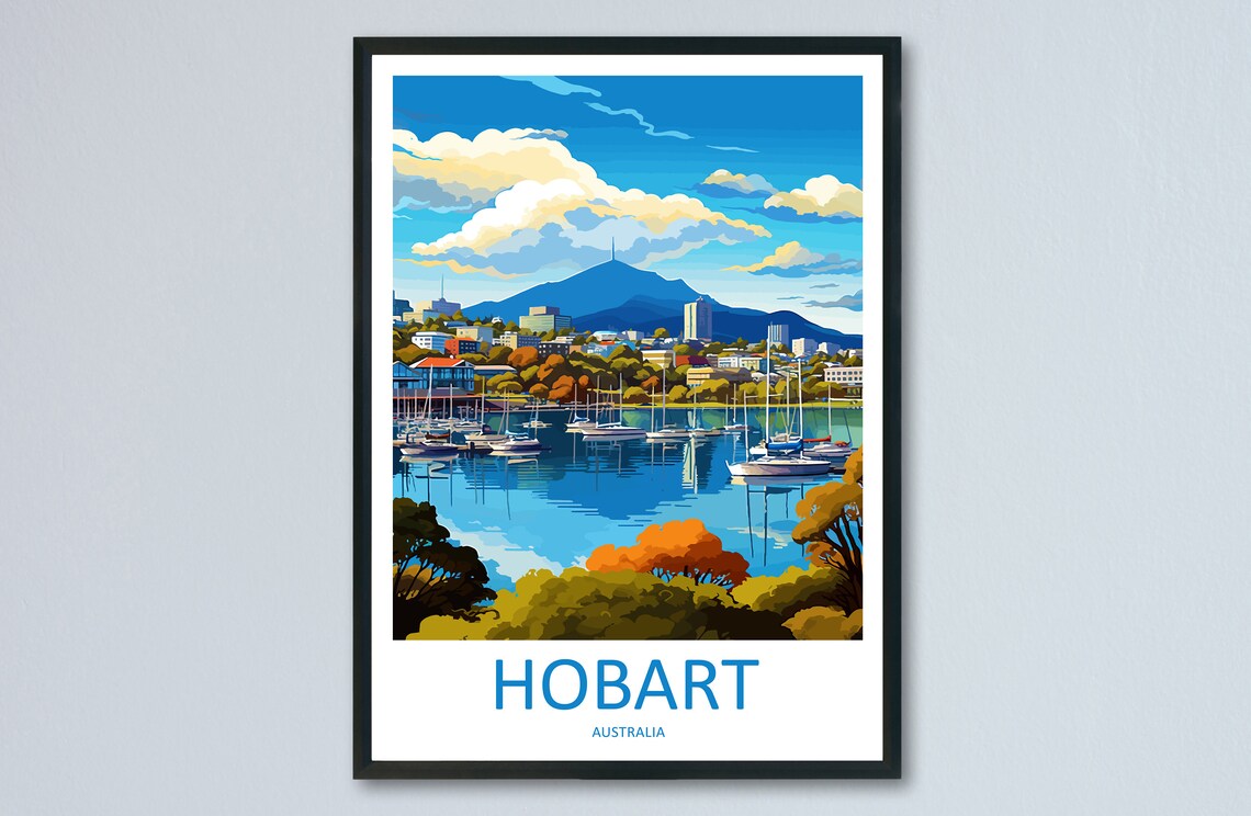 Hobart Australia Sparkling Harbour Sailboats Mountain Backdrop Poster