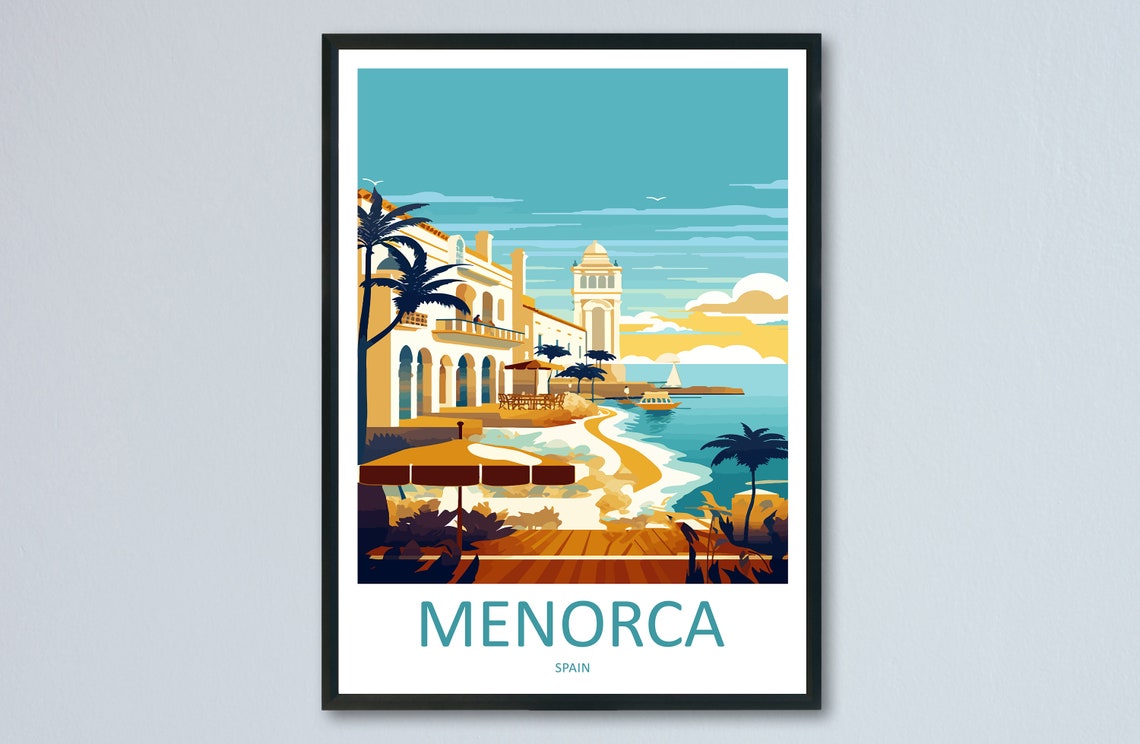 Menorca Spain Seaside Promenade Palms and Beach Balearic Poster