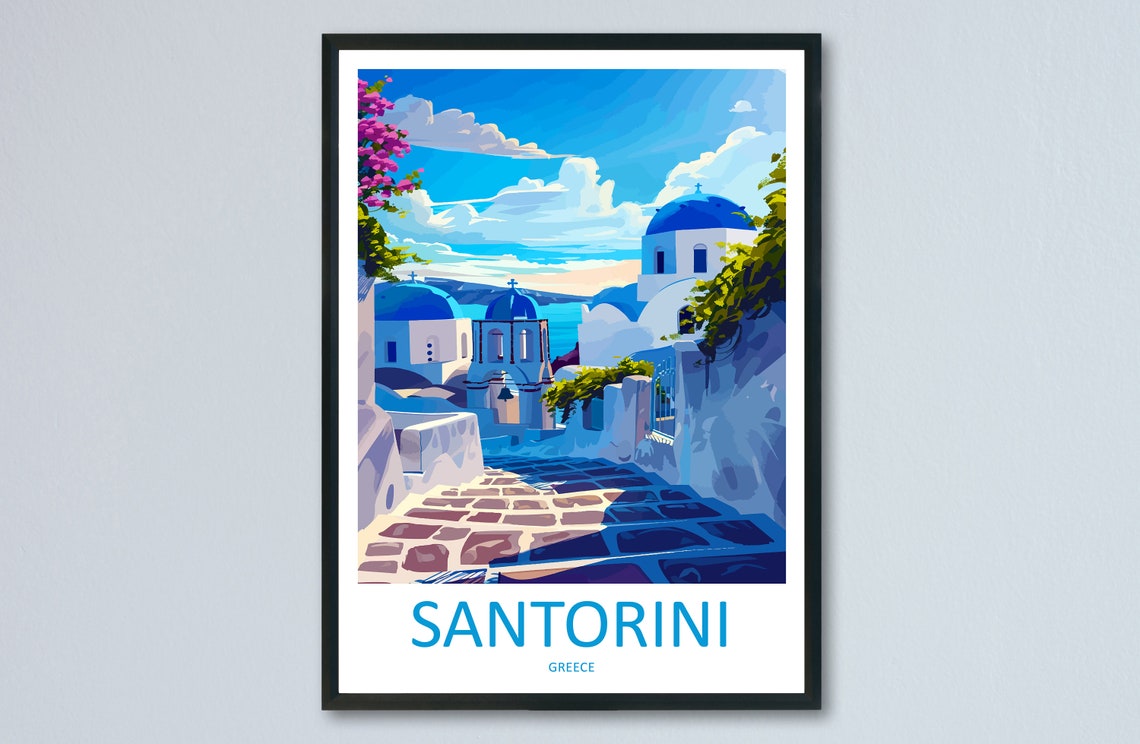 Santorini Greece Blue Domed Churches Cobbled Lane Sunny Poster