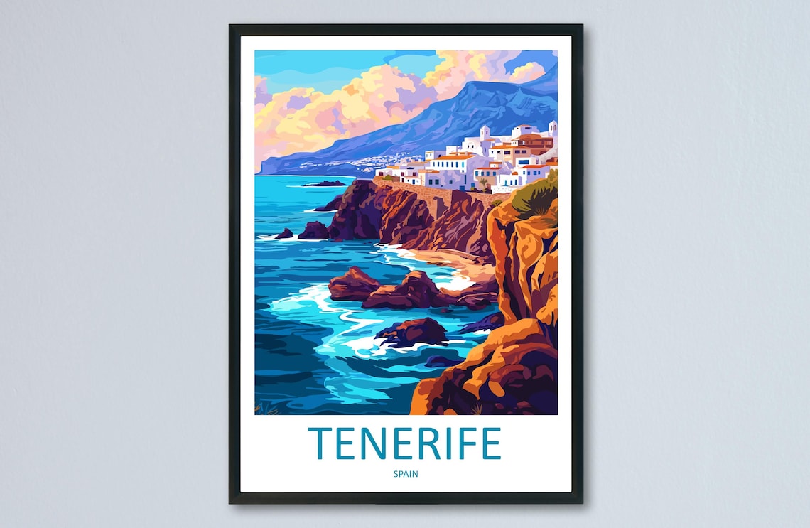 Tenerife White Village Red Cliffs Volcano Mountain Spain Travel Poster
