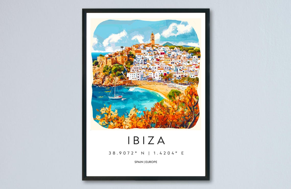 Ibiza Whitewashed Old Town Harbor Watercolor Spain Travel Poster