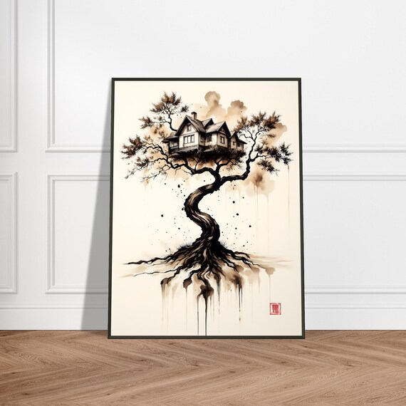Dreamlike House Nestled in Giant Tree Japanese Ink Art Poster