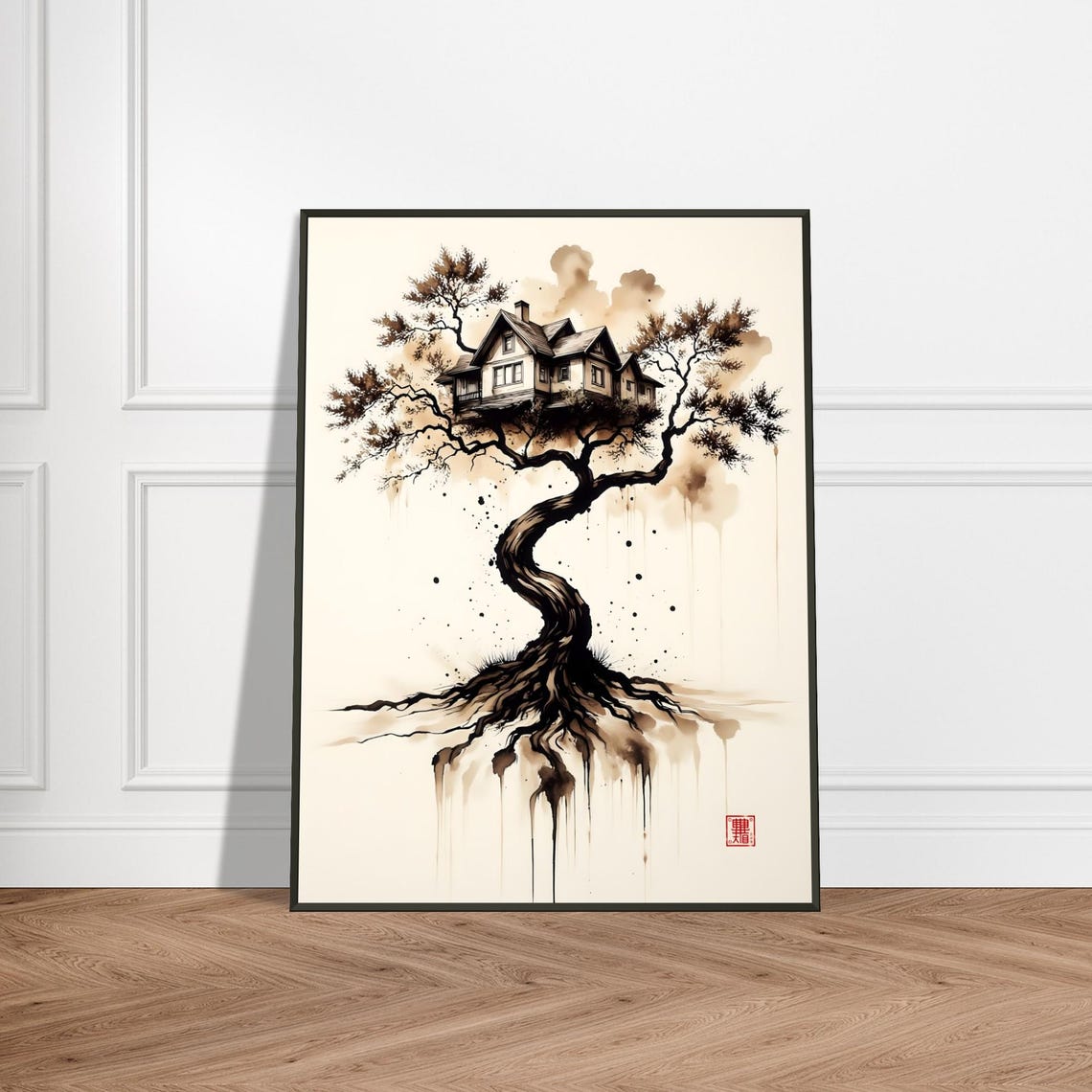 Dreamlike House Nestled in Giant Tree Japanese Ink Art Poster