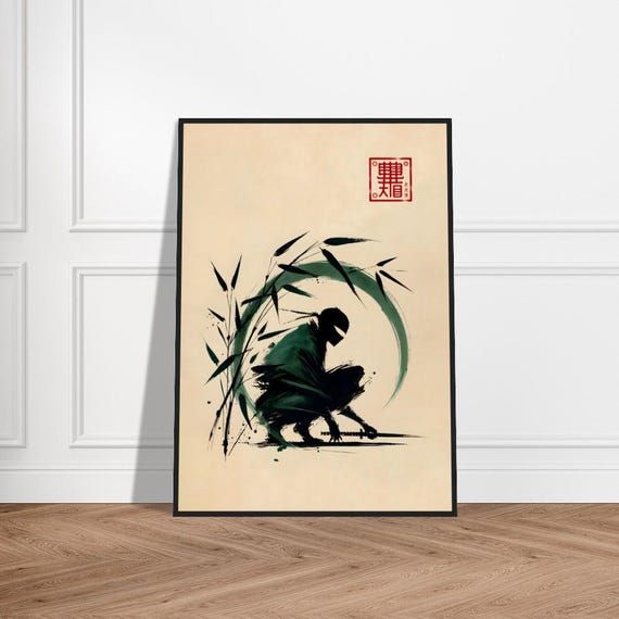 Japanese Ninja Art Poster Minimalist Wall Decor Museumquality Matte Paper Framed Zen Warrior Print
