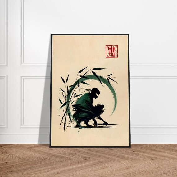 Ninja Crouching with Sword Bamboo Green Moon Japanese Art Poster