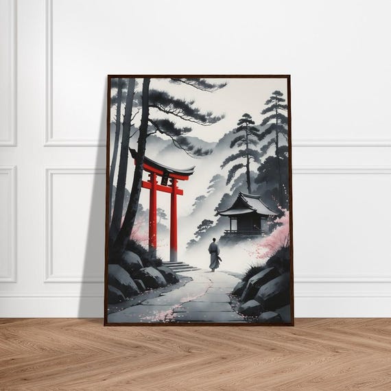 Misty Mountain Shrine With Red Torii Gate Cherry Blossoms And Monk Walking Toward Traditional Temple