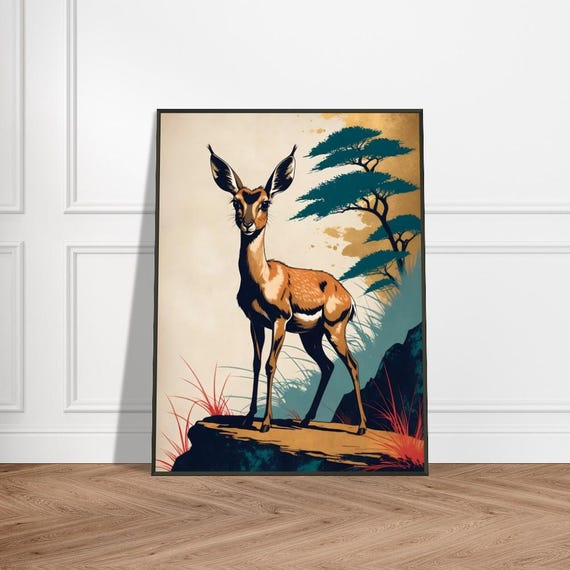 Young Gazelle In Serene Japaneseinspired Savannah Ukiyoe Style Wildlife Art Elegant Nature Illustration Exotic Animal Wall Decor