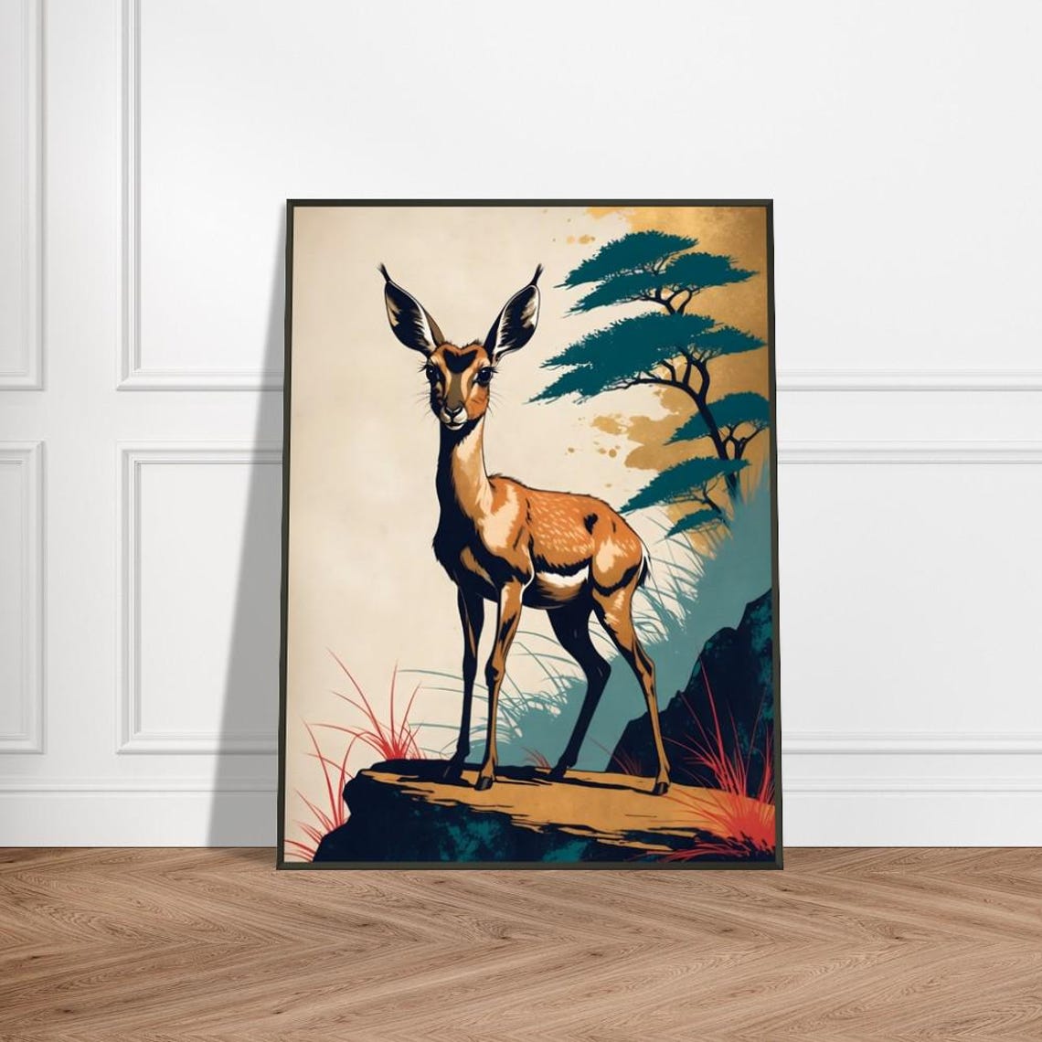 Young Gazelle Standing on Rock Savannah Japanese Style Poster